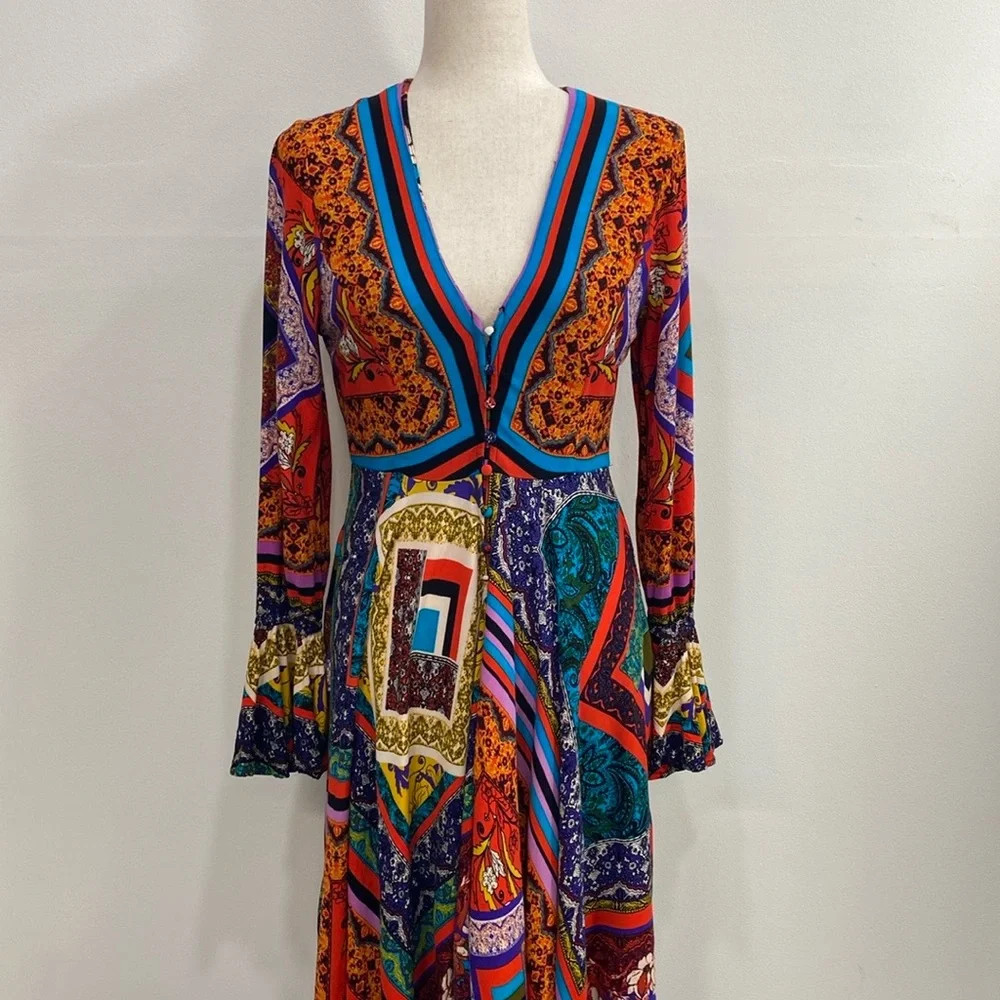 Free People Boho Patchwork‎ Hippie Dress Bell Sleeves XS